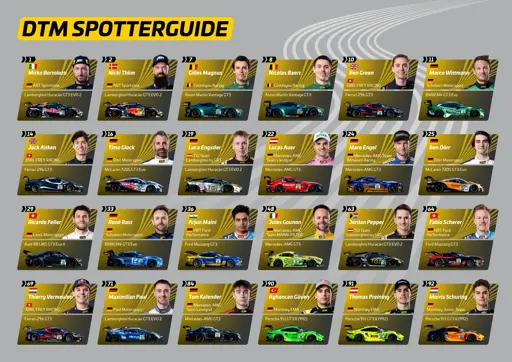 DTM Spotter Guide with 24 cars sorted by race number