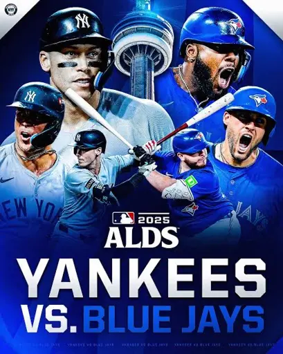 A promotional image of the Yanks vs Jays ALDS showing 3 prominent players from each time with the CN Tower in the middle