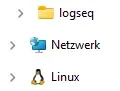 The image shows part of the Windows Explorer interface, zoomed in on three directories. The options are "logseq", "Network" and "Linux" with a little penguin besides it