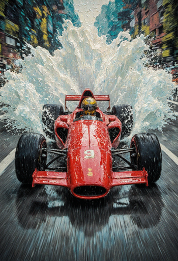 A Formula One race car slicing through an urban circuit during heavy rainfall. The vibrant red single-seater, adorned with the number 9, dominates charges forward, creating magnificent white water sprays that fan out dramatically from its tires. A driver in a yellow helmet sits in the cockpit, focused amid the chaos of the elements. The thick impasto technique adds remarkable texture to the water splashes, enhancing the sense of motion. Behind the car, colorful city buildings blur into abstraction with teals, yellows, and reddish-browns, suggesting tremendous speed. 