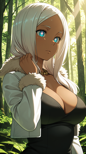 A woman with white hair, luminous bright blue eyes with pink cross-shaped pupils. She stands within a sun-dappled forest, looking somewhere out of frame with a calm, neutral expression. Her attire includes a beaded necklace, black dress worn under a white cropped jacket trimmed with thick white fur at the collar and sleeves. 