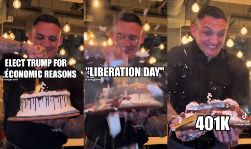 Panel 1: A person sticking a fireworks torch labeled "Elect Trump for economic reasons" into a birthday cake. Panel 2: The cake explodes labeled "Liberation Day". Panel 3: The person looking shocked while holding the remains of the exploded cake labeled "401K"
