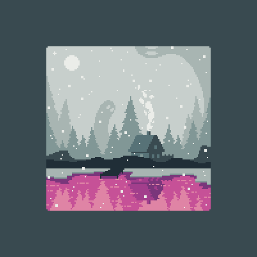 pixel art, winter, a house on a an icy shore, forest in the background, ghosts towering above the forest looking down at the house. pink reflection in the water