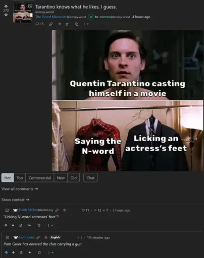 A screenshot of a lemmy image macro meme post and a couple of comments comments.