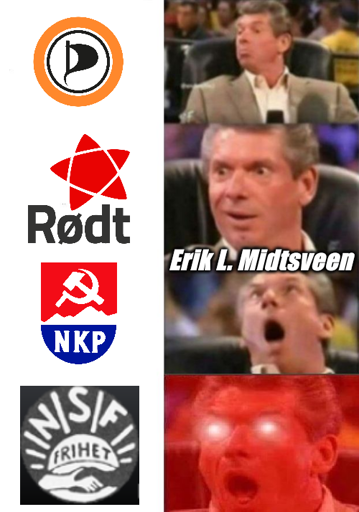 A political meme illustrating the Mastodon user Erik L. Midtsveen’s evolving political affiliations, showing his progression from the Pirate Party of Norway to Rødt, then to the Norwegian Communist Party (NKP), and currently rejecting all political parties in favor of NSF-IAA.