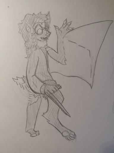 sketch of a fullbody of myself, most of the way to being transformed into my batsona! i show off my wing and pull up a pants sleeve to reveal my new digitigrade leg. i couldn't get my arm out of the other sleeve in time though!