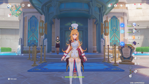 Screen shot of the game Genshin Impact. The character shown is Escoffier. She's in front of Hôtel Debord. She has blonde hair and uses a stylized chef attire.