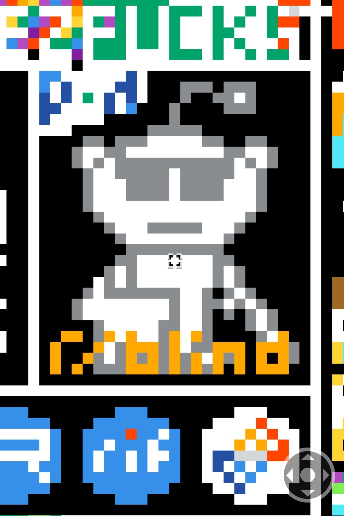 pixelated r/blind Snoo and text with Reddit app logos below it and parts of fuck spez above it, p.d in a corner