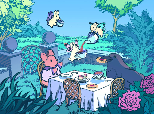 A colourful illustration of a mouse in a sailor uniform and a crow having afternoon tea. Three faires that look like small rabbits with butterfly wings are serving tea.