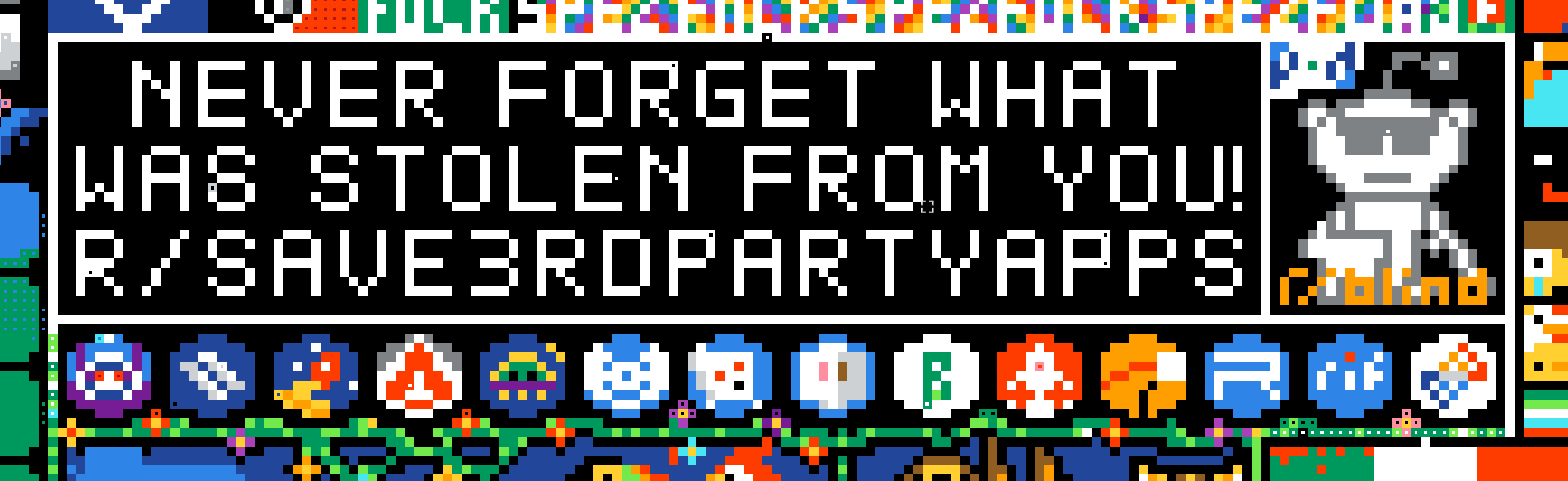 white on black, "never forget what was stolen from you! r/save3rdpartyapps" text, r/blind Snoo and text, multiple 3rd party Reddit apps logos